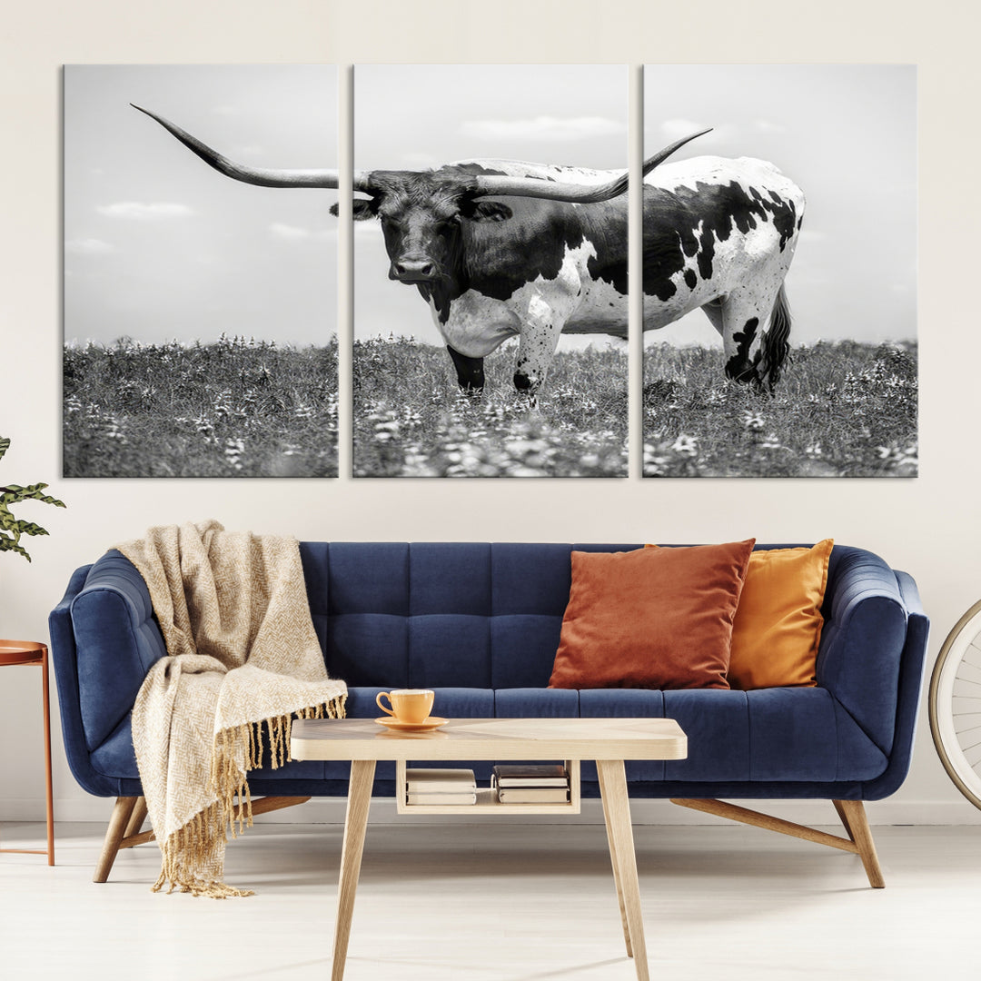 Texas Black White Highland Longhorn Cow Wall Art Canvas Print