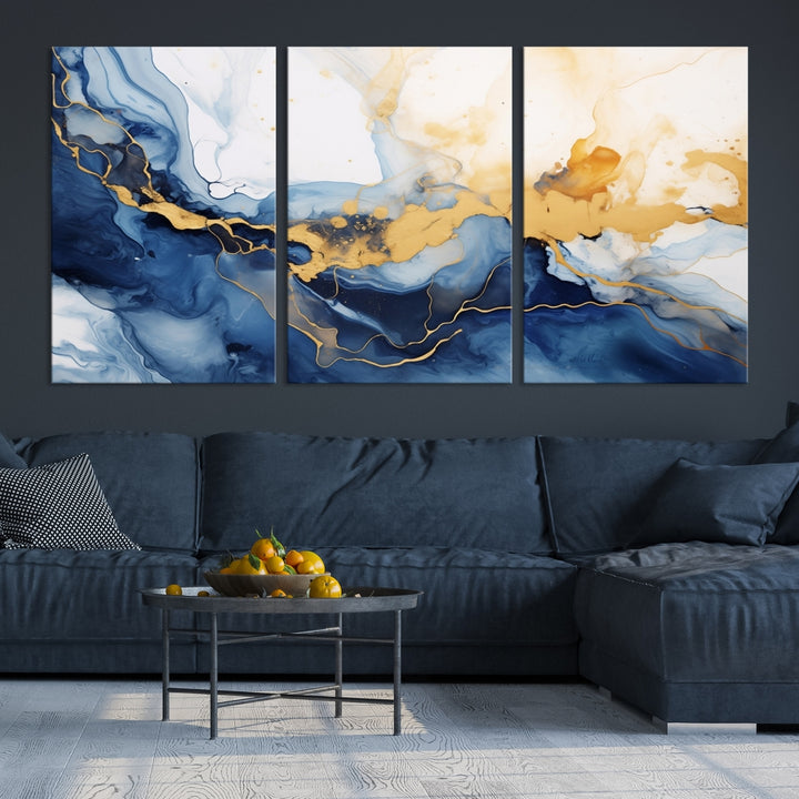 Art mural abstrait bleu marine or Impression sur toile