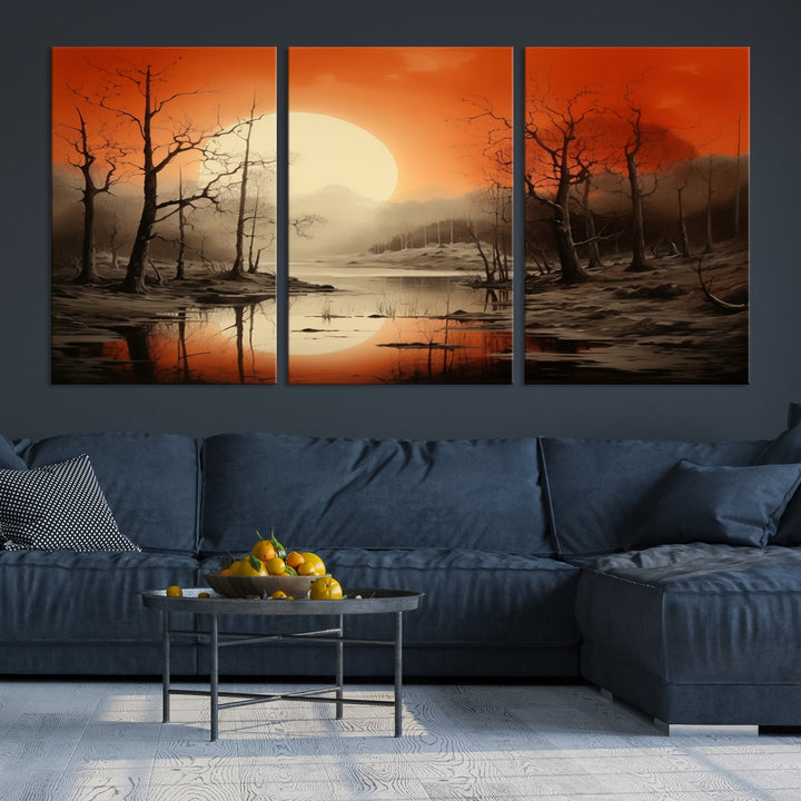Árboles de acuarela abstractos y puesta de sol en el lago, arte de pared, impresión en lienzo para decoración moderna del hogar, oficina, sala de estar y comedor