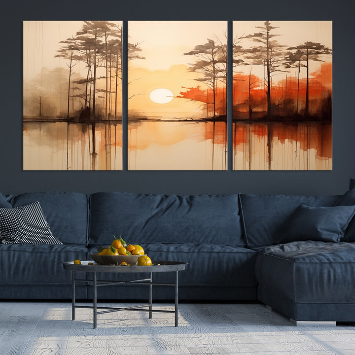 Abstract Watercolor Trees and Sunset on Lake Wall Art Canvas Print