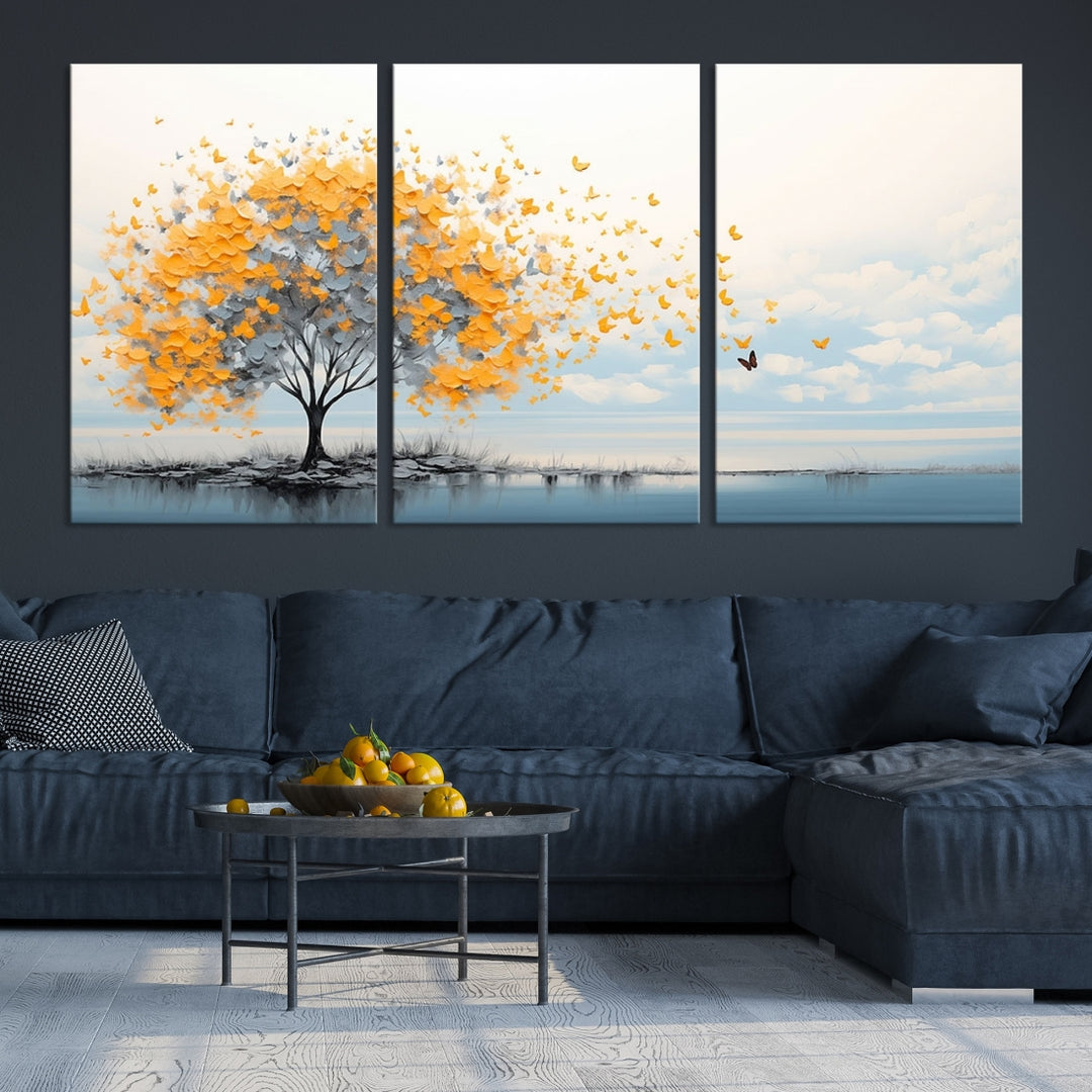 Impresión de lienzo de arte de pared de mariposa y árbol abstracto, impresión de pintura abstracta naranja azul