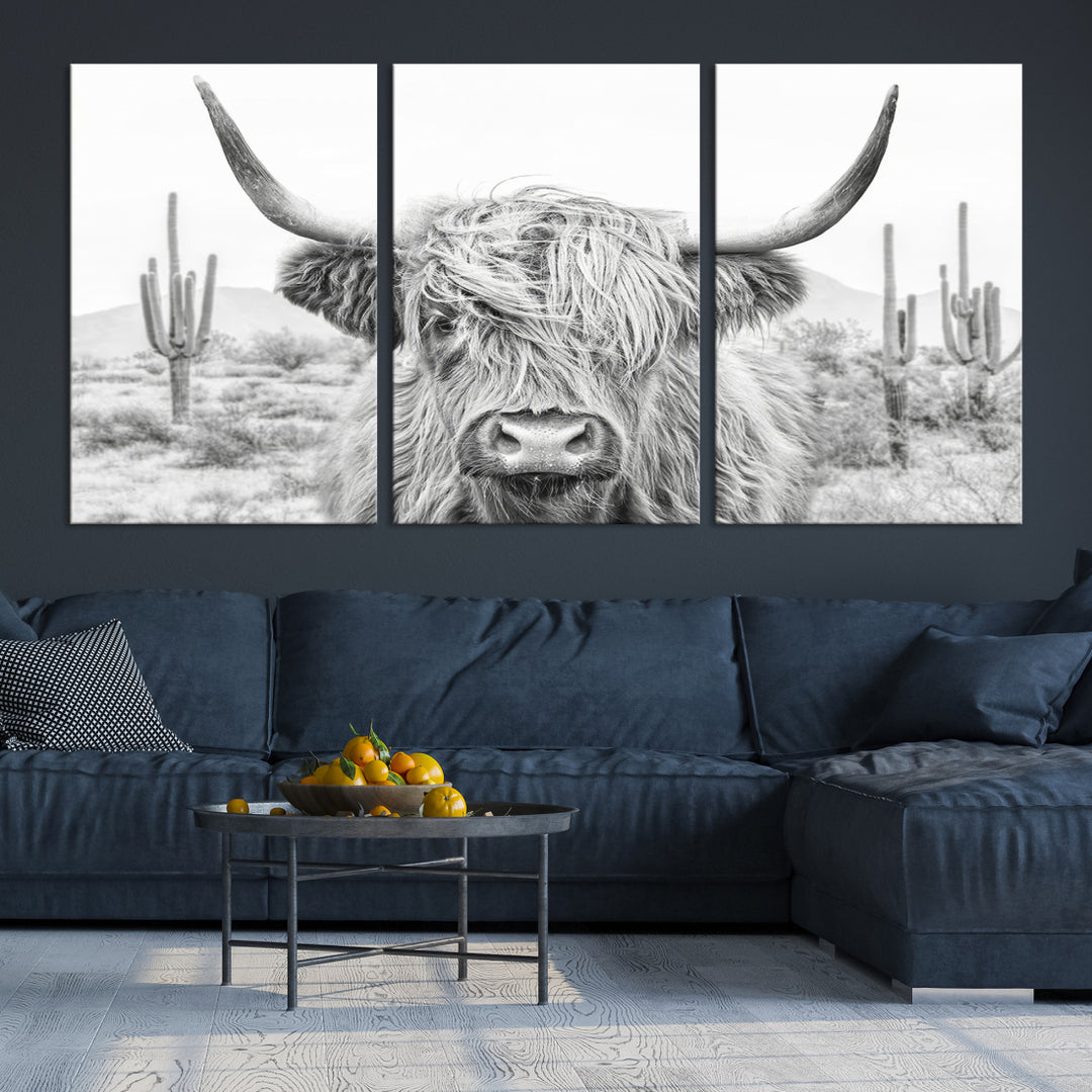Encanto rústico | Impresión en lienzo del arte de la pared del Bighorn blanco y negro de la vaca Longhorn | Decoración de arte de pared de granja