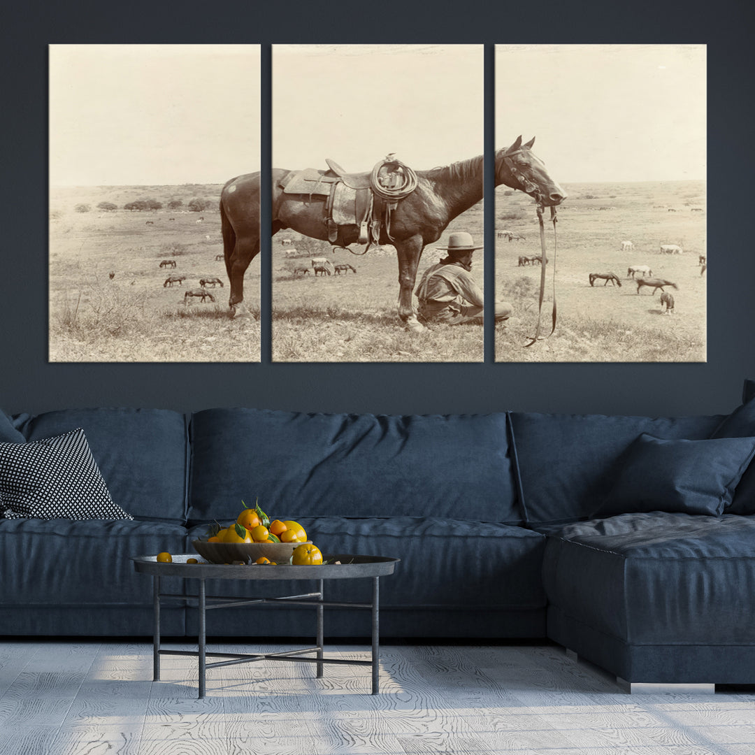 Cowboy With His Horse Looking Over The Ranch - Texas Circa 1910 for Western Wall Decor
