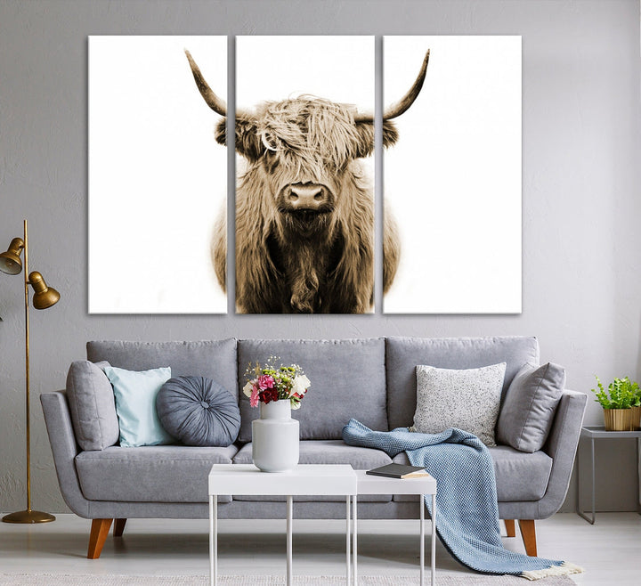 Sepia Highland Cow Canvas Wall Art Farmhouse Cow Print