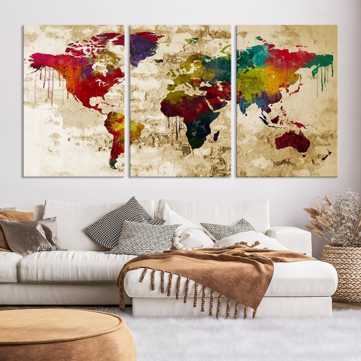 Art mural carte du monde impression sur toile couleur arc-en-ciel carte du monde de style vintage