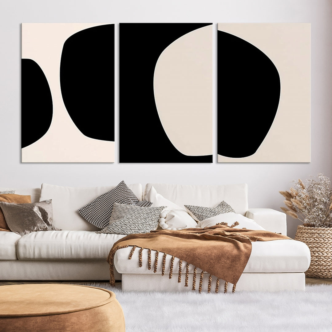 Lienzo enmarcado de 3 piezas, arte de pared, impresión geométrica abstracta, obra de arte moderna de mediados de siglo, decoración minimalista neutra para sala de estar