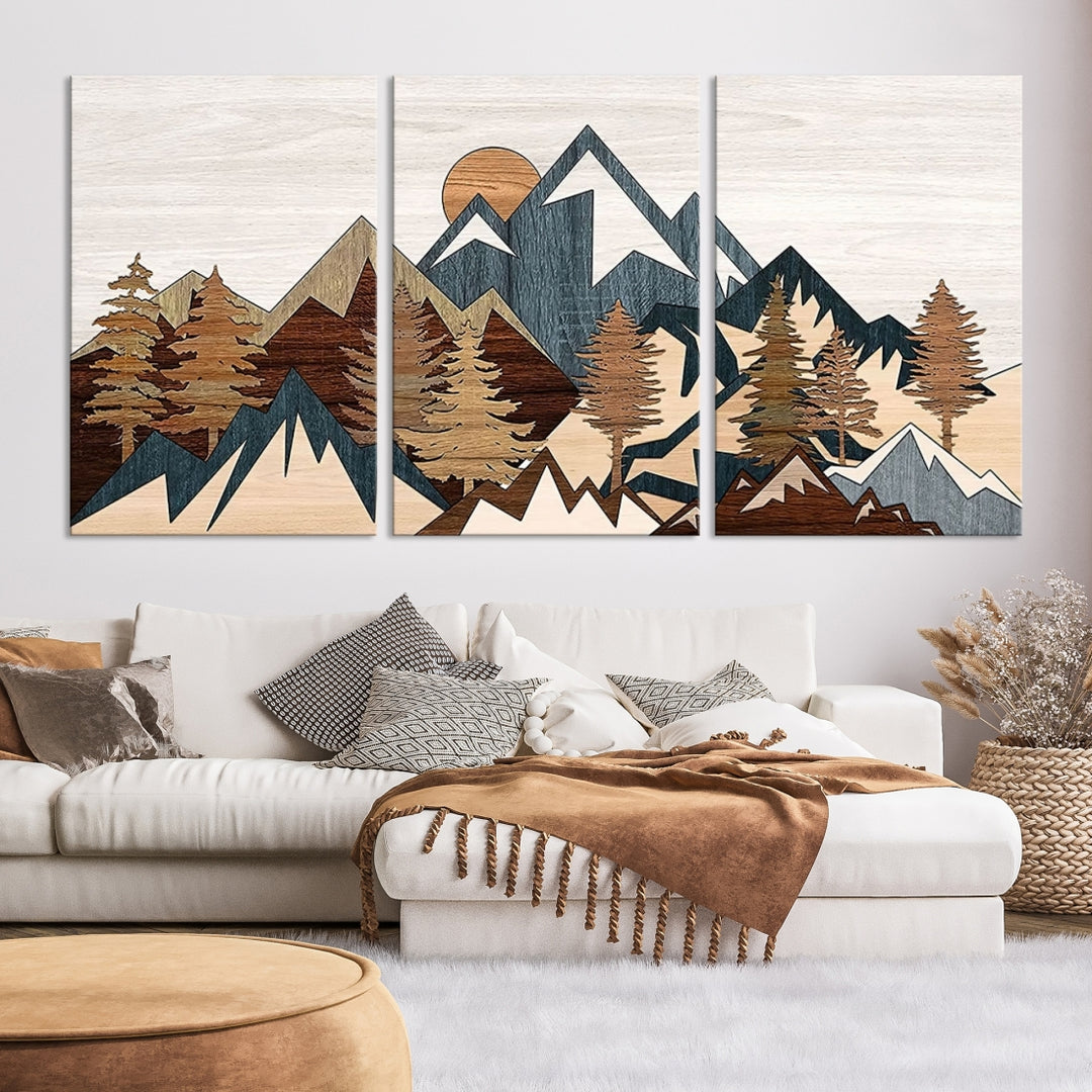 Rustic Abstract Wood Panel Effect Canvas Mountain Range Top Wall Art Canvas Print