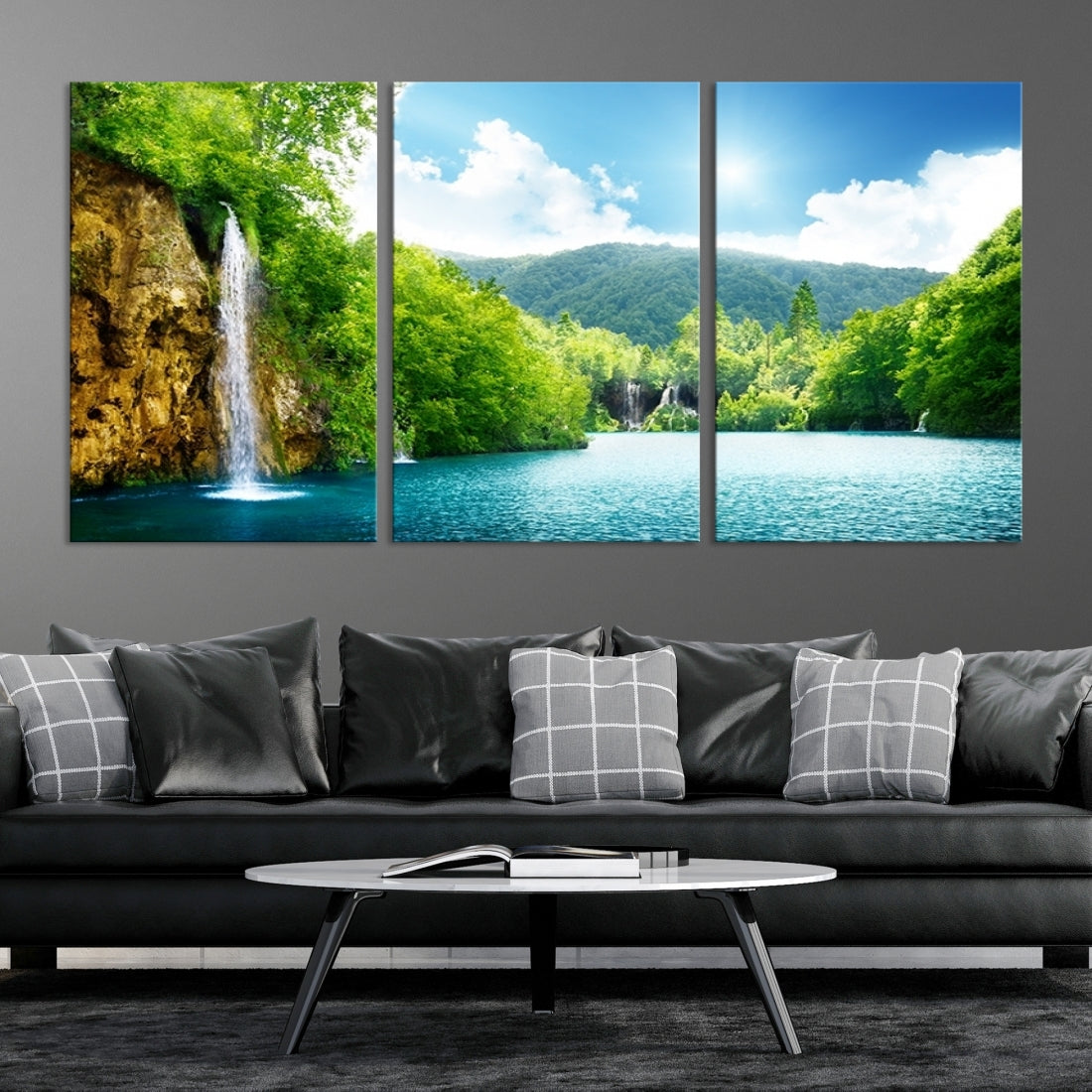 Large Wall Art Waterfall Canvas Print - Big Waterfalls in Forest with Mountain View