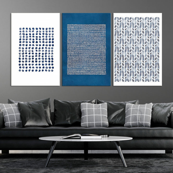 Impresión en lienzo Conjunto de arte de pared Azul marino Blanco Geométrico Punto Collage Ilustración abstracta Arte moderno Decoración minimalista