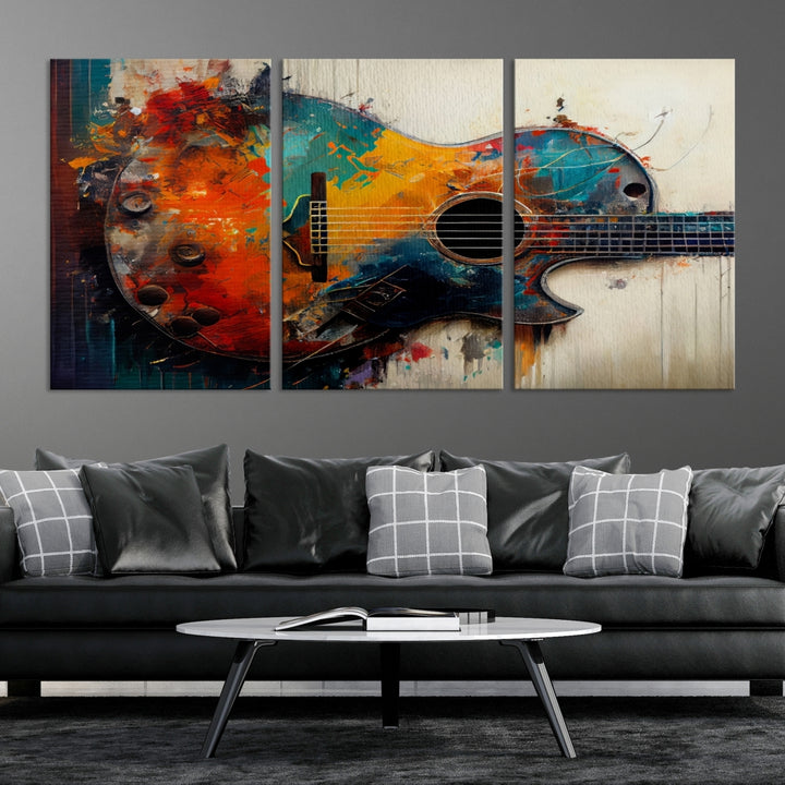 Abstract guitar colorful oil painting canvas print wall art