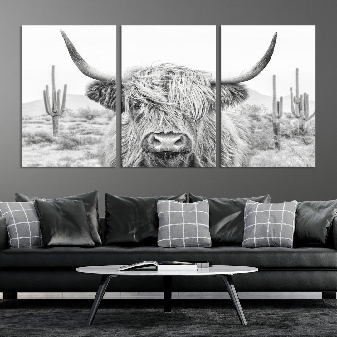 Charme rustique | Vache Longhorn Noir Blanc Bighorn Wall Art Toile Imprimer | Art mural de ferme