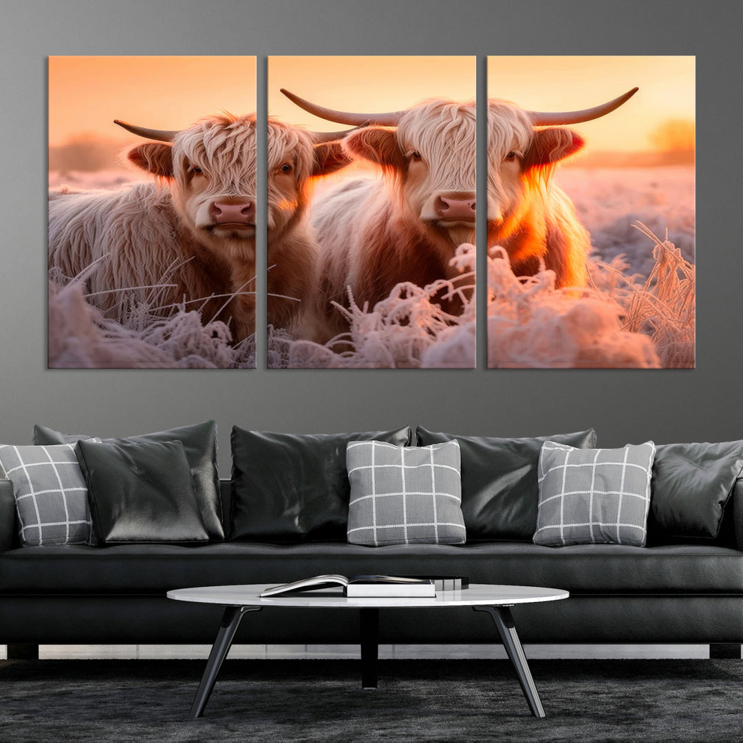 Scottish Cow and Baby Cow Canvas Wall Art Animal Print for Farmhouse Decor