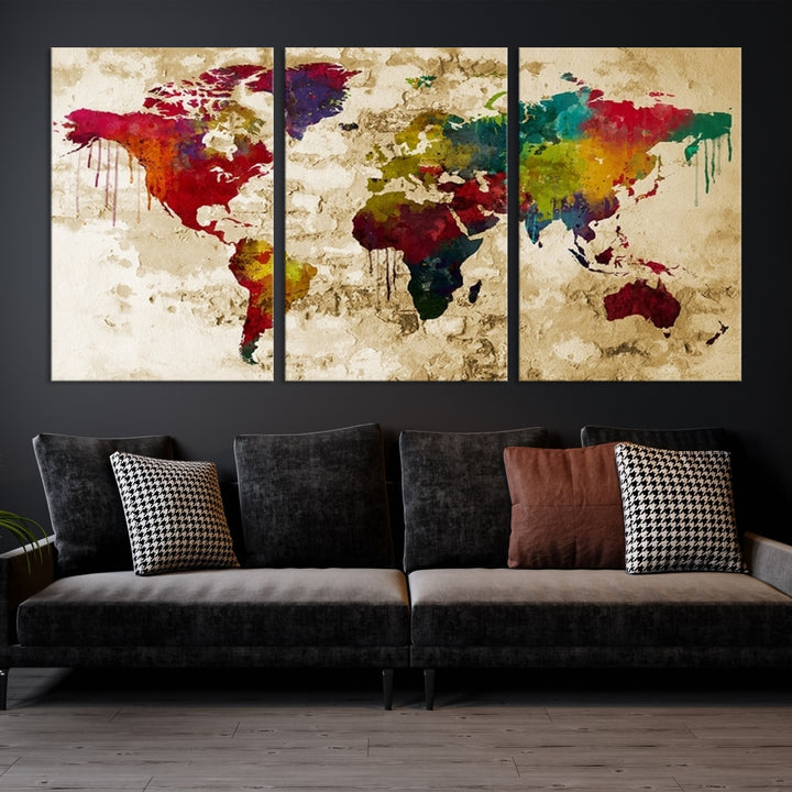 Wall Art World Map Canvas Print Rainbow Colored Vintage Style World Map