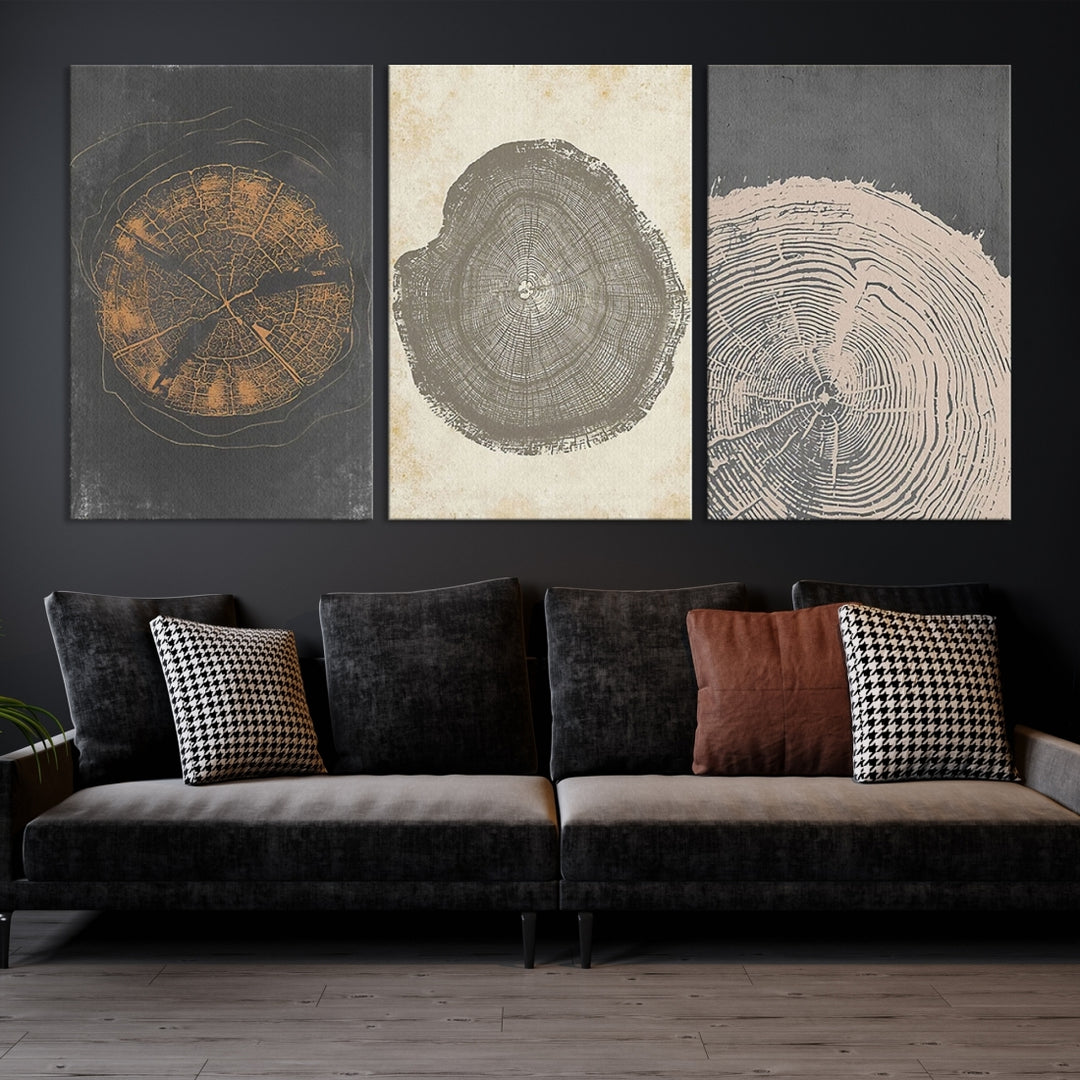 Anillos de árboles ilustraciones abstractas arte moderno minimalista decoración Boho, lienzo enmarcado arte de pared madera para decoración de granja