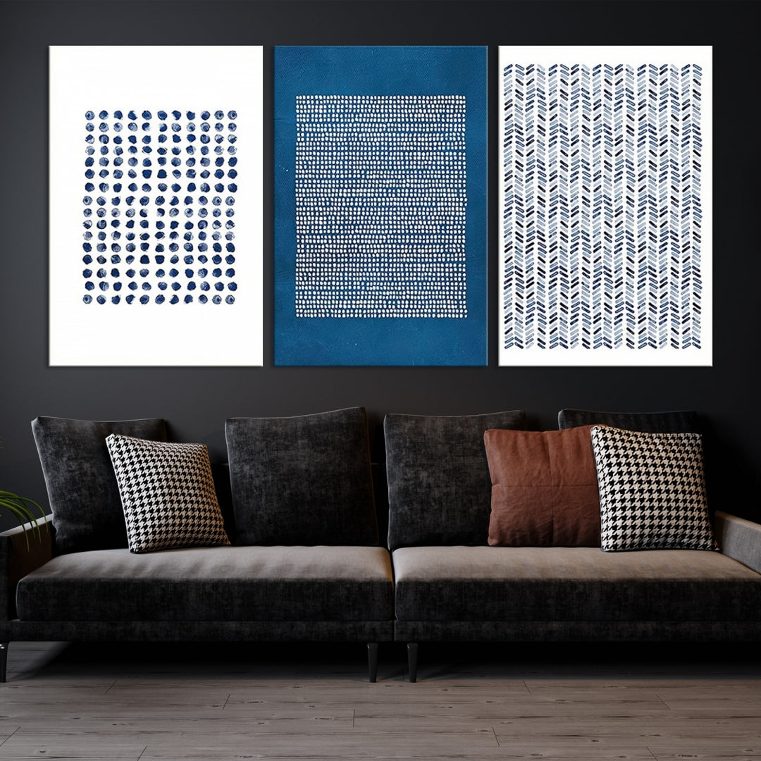 Canvas Print Wall Art Set Navy Blue White Geometric Dot Collage Abstract Illustr Art