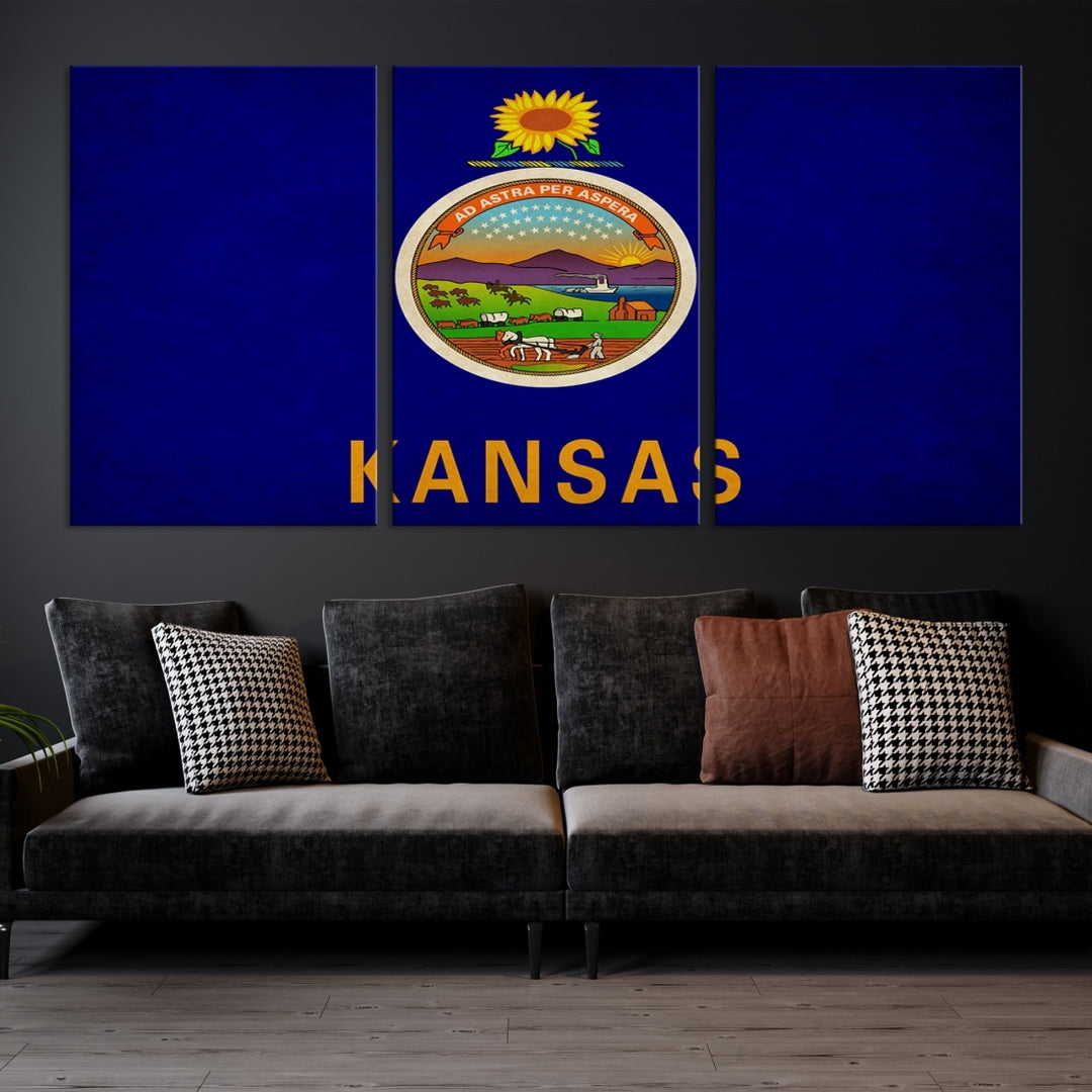 Arte de pared con bandera de los estados de Kansas, EE. UU. Lienzo