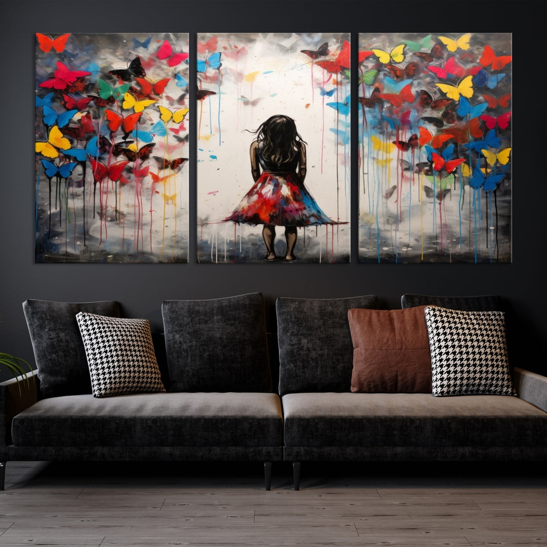98564 - Impresión en lienzo para pared con graffiti - Impresión en lienzo abstracta con graffiti de mariposa y niña