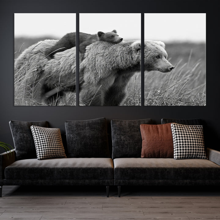 Bebé oso y mamá oso familia blanco y negro decoración lienzo impresión pared arte lienzo listo para colgar