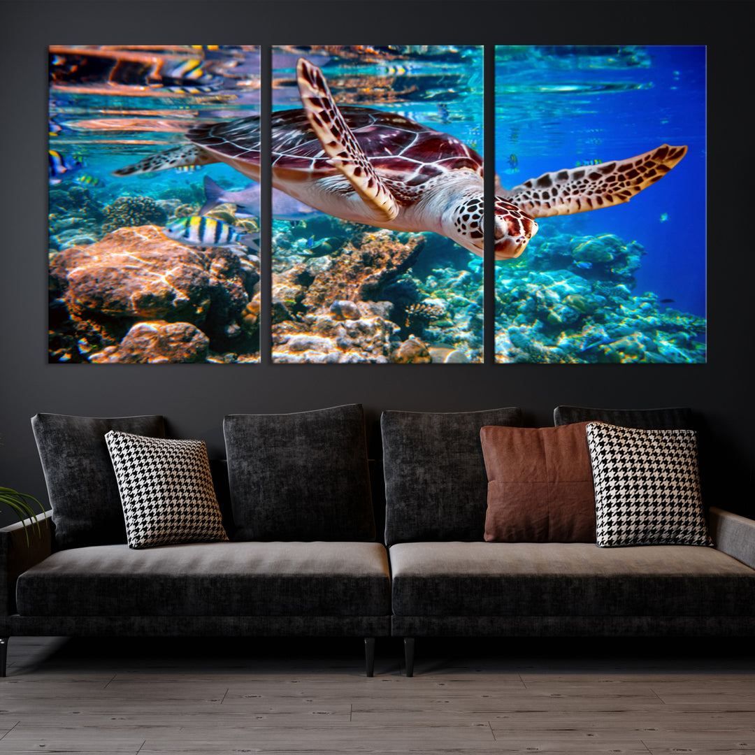 Turtle in the Ocean Coral Ocean Life Wall Art Canvas Print for Kids Room Decor