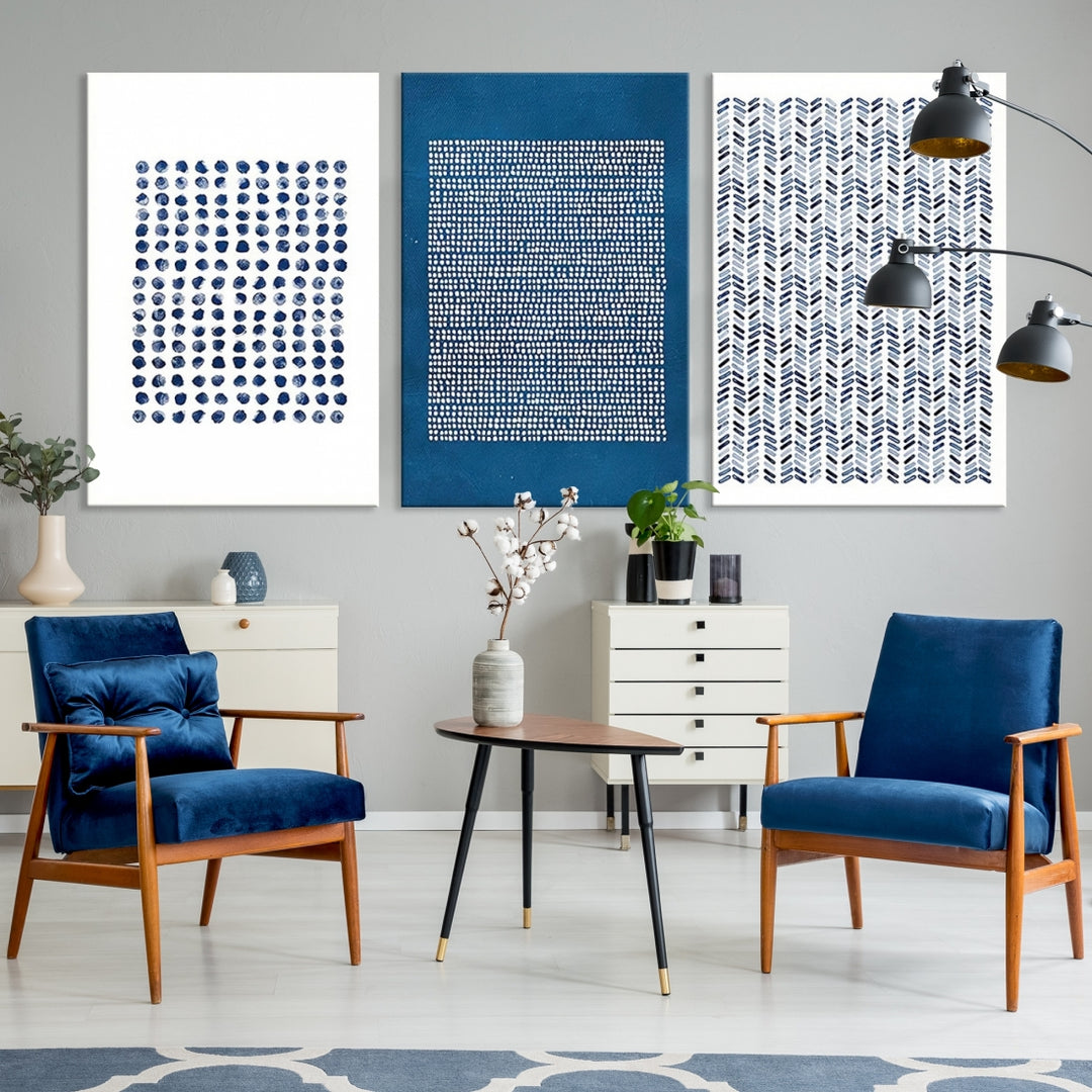 Impresión en lienzo Conjunto de arte de pared Azul marino Blanco Geométrico Punto Collage Ilustración abstracta Arte moderno Decoración minimalista
