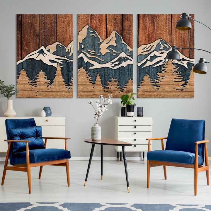 Impression sur toile d'art mural abstrait avec effet de panneau de bois, chaîne de montagnes