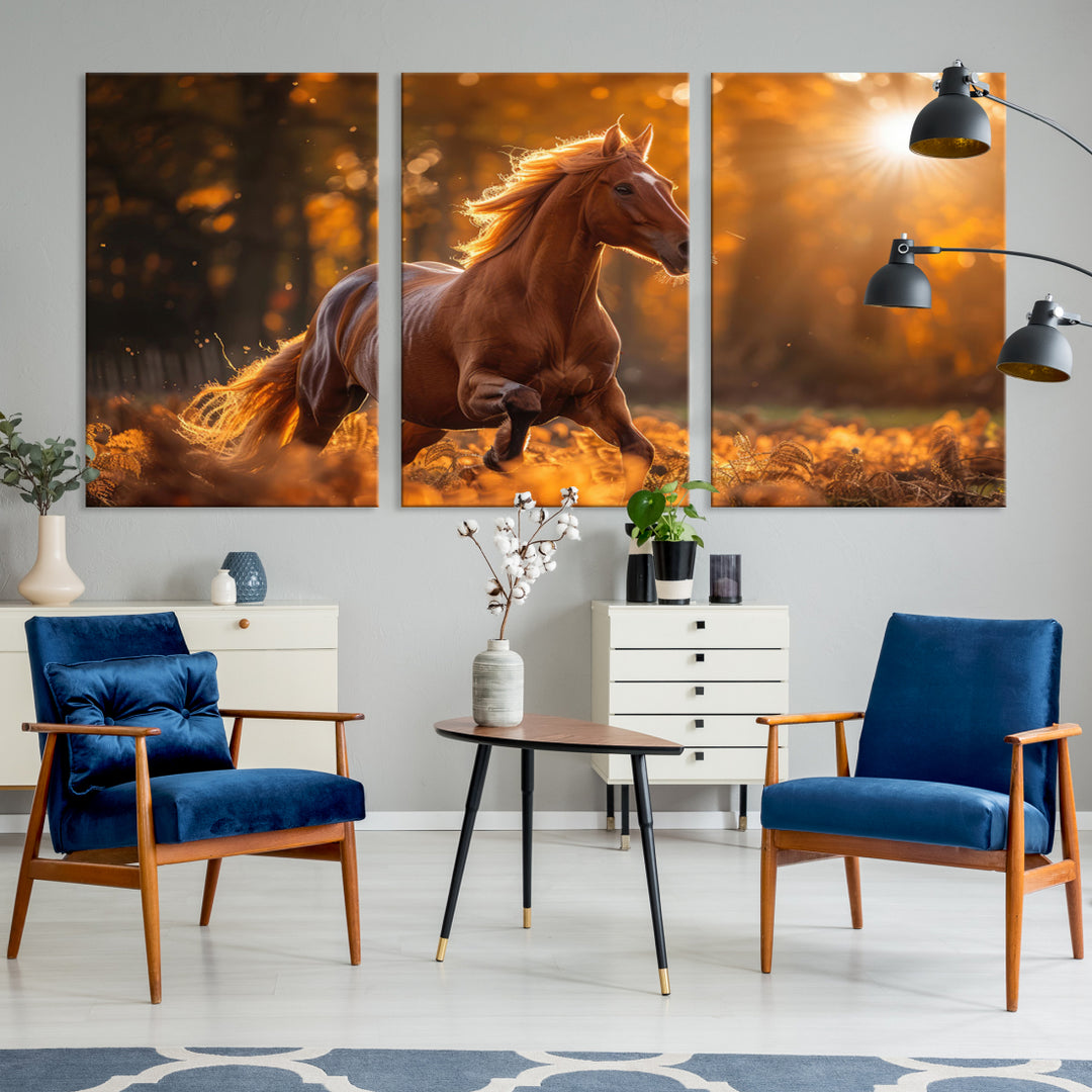 Running Horse Sunset Forest Wall Art Canvas Print