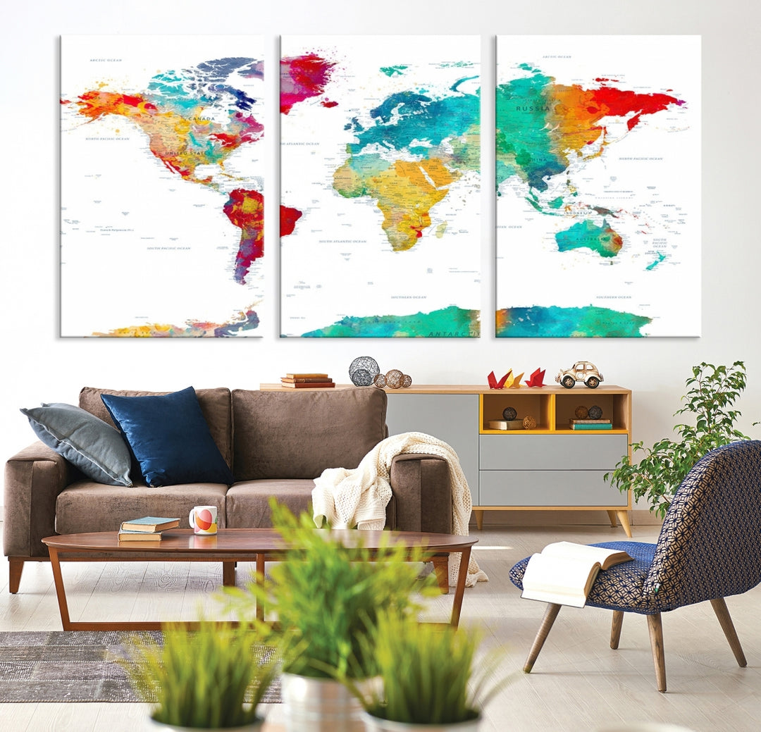 Art mural coloré de la carte du monde Impression sur toile