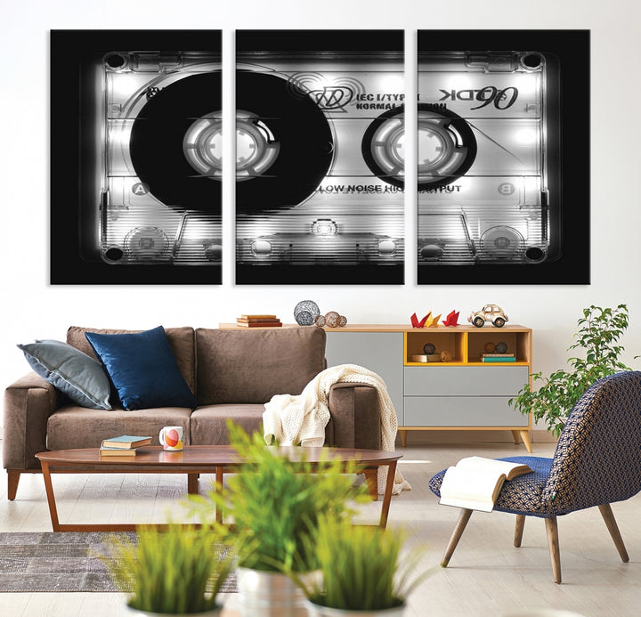 Shining Audio Cassette Música retro Gran pared arte lienzo impresión para sala de estar, impresión de lienzo de casete de audio, arte de pared de música retro