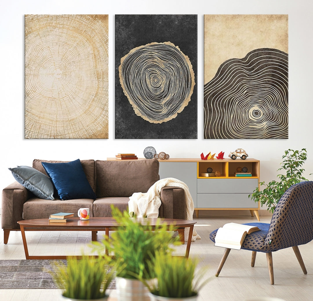Impresión de lienzo de madera Arte de la pared Anillos de árboles de madera Ilustraciones abstractas Arte enmarcado moderno minimalista Decoración boho