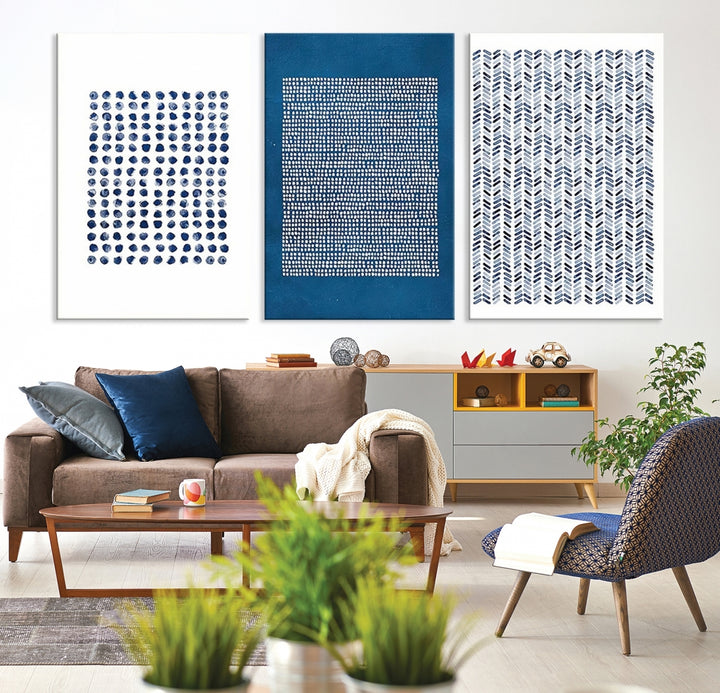 Ensemble d’art mural imprimé sur toile, collage de points géométriques bleu marine et blanc, illustration abstraite
