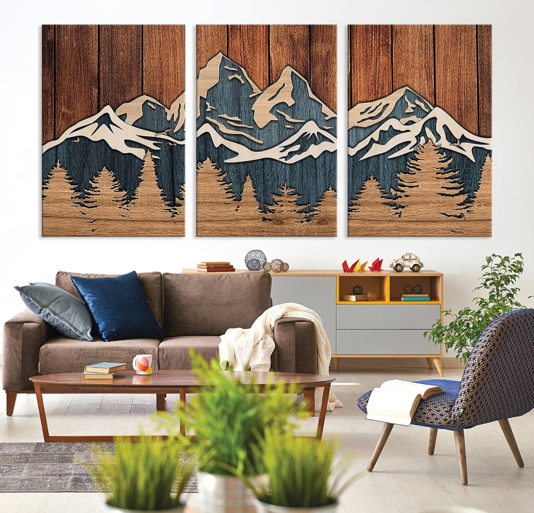 Abstract Wood Panel Effect Mountain Range Top Wall Art Canvas Print