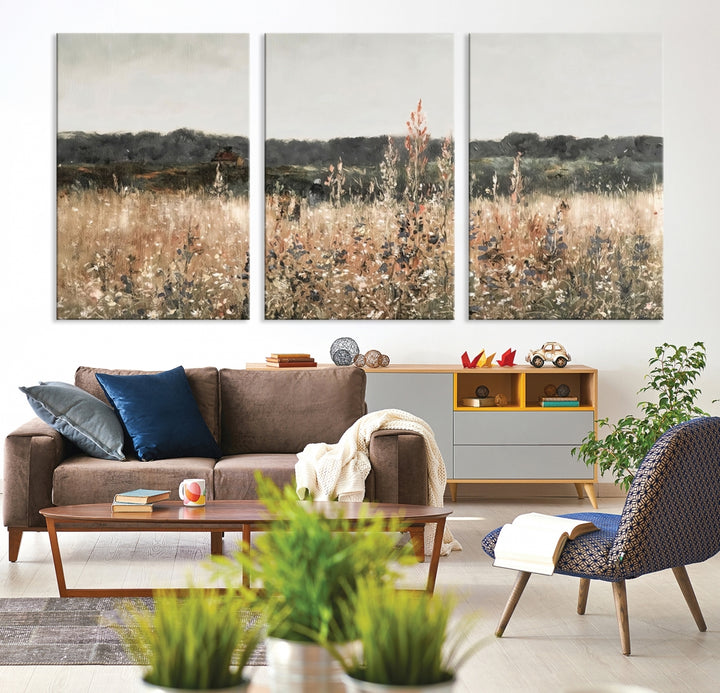 Impresión de pintura al óleo de paisaje de campo de flores silvestres, impresión de arte de paisaje vintage, arte de pared de campo campestre