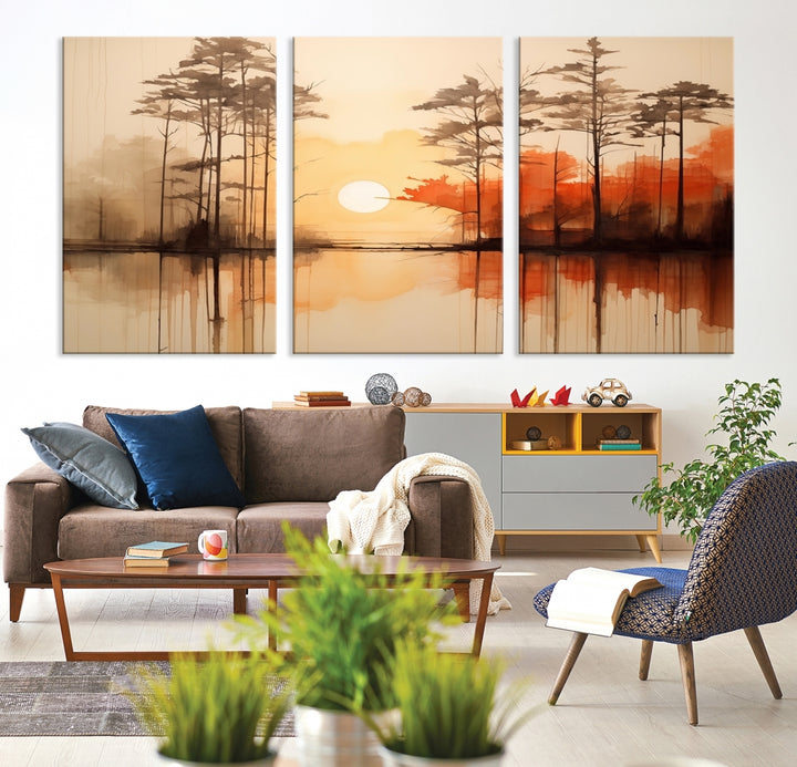 Abstract Watercolor Trees and Sunset on Lake Wall Art Canvas Print