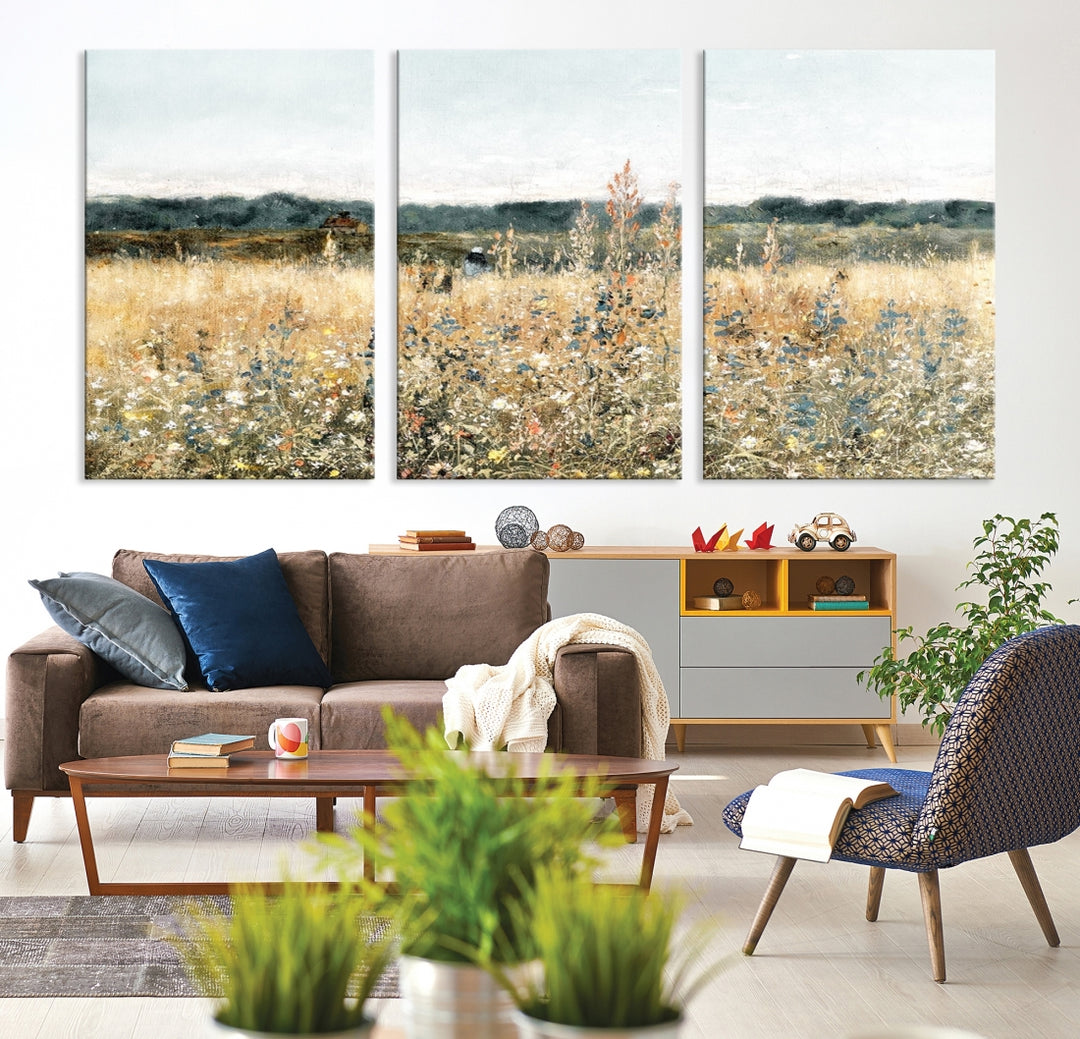 Impression vintage de champ de fleurs sauvages, art mural de pays neutre, impression de paysage de prairie