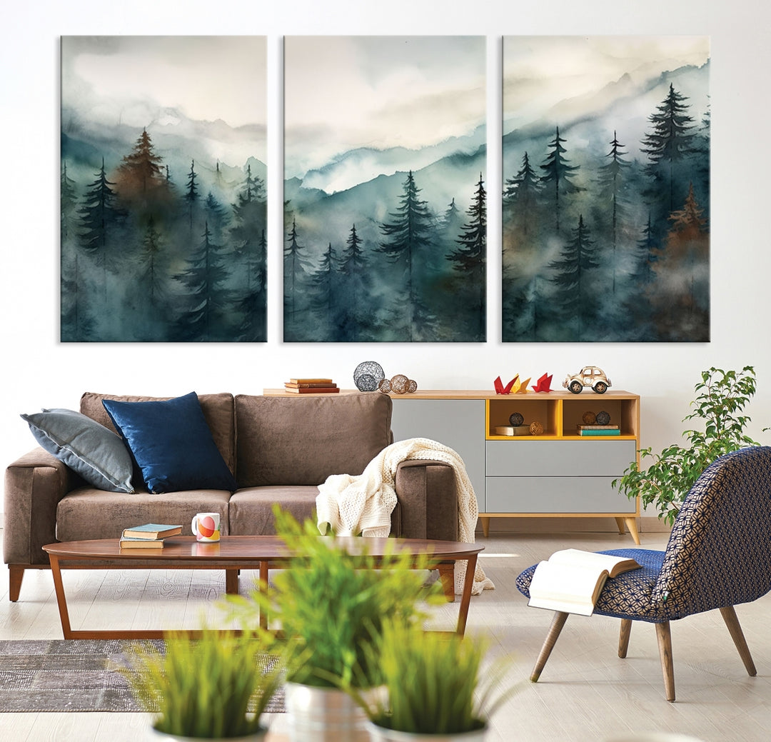 Abstract Watercolor Pine Forest Mountain Wall Art Canvas Print