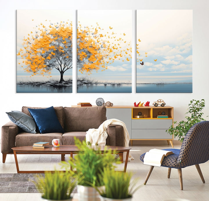 Butterfly and Abstract Tree Wall Art Canvas Print, Blue Orange Abstract Painting Print