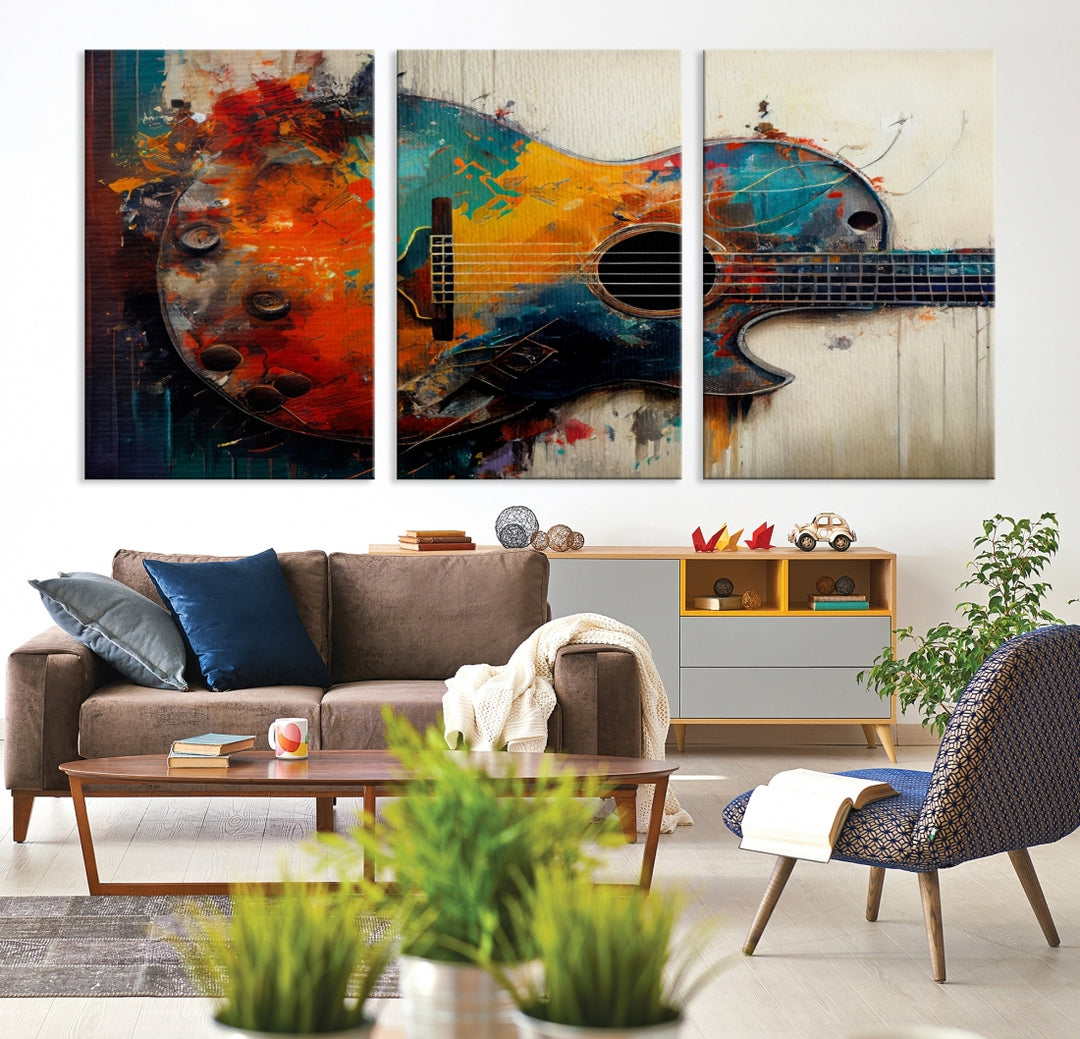 Abstract guitar colorful oil painting canvas print wall art, Guitar canvas print, High quality music canvas, Musical instrument wall decor