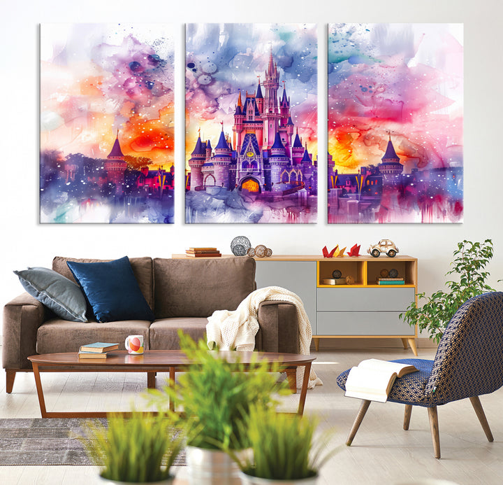 Arte de la pared de Disney, Castillo de Cenicienta Disney imprime arte, arte de decoración de la habitación del hogar de los niños vivos, cartel de Disneyland, pinturas de arte de acuarela sobre lienzo