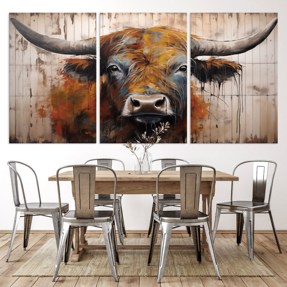 Scottish Highland Cow Cattle Art Print on Wood Style Background