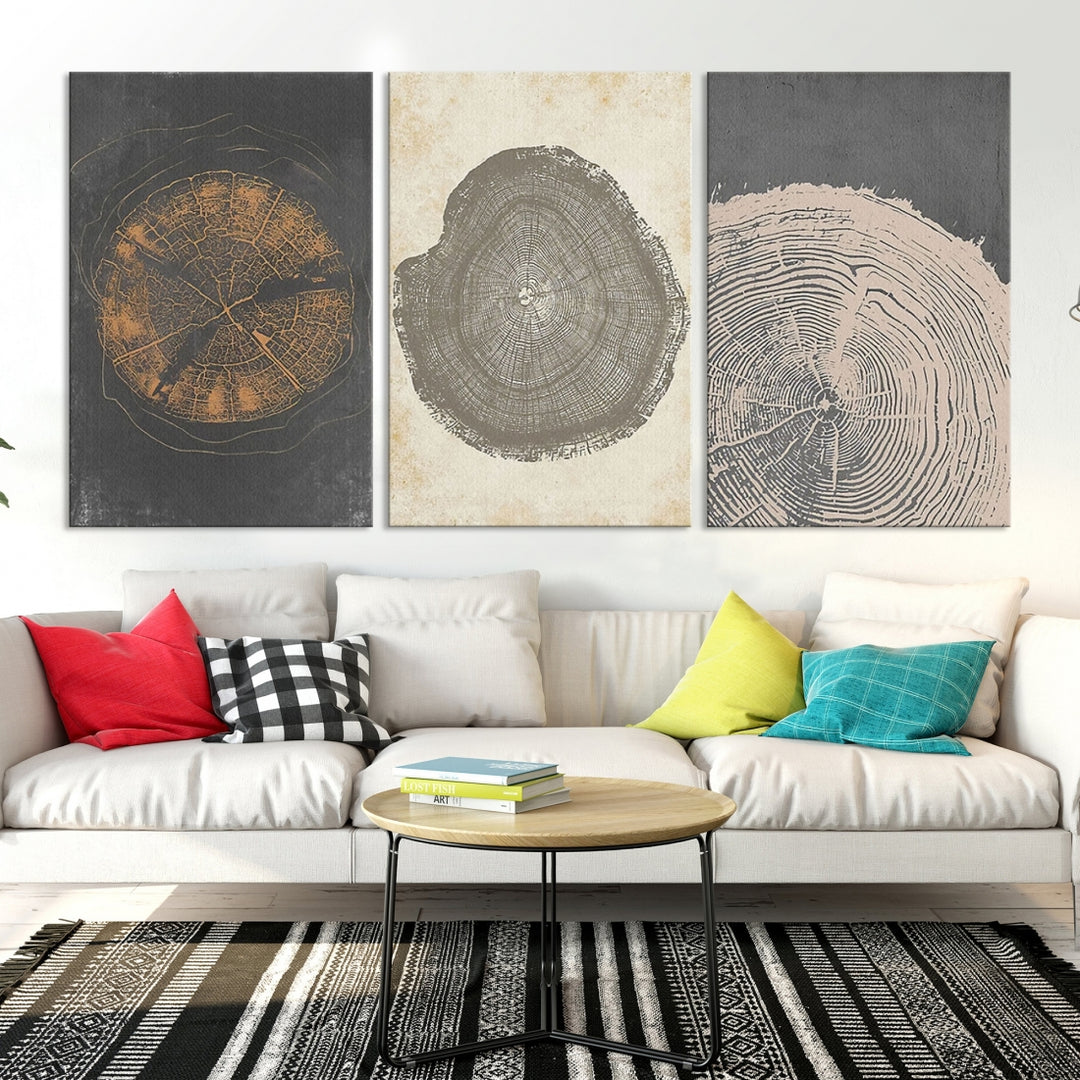 Anillos de árboles ilustraciones abstractas arte moderno minimalista decoración Boho, lienzo enmarcado arte de pared madera para decoración de granja