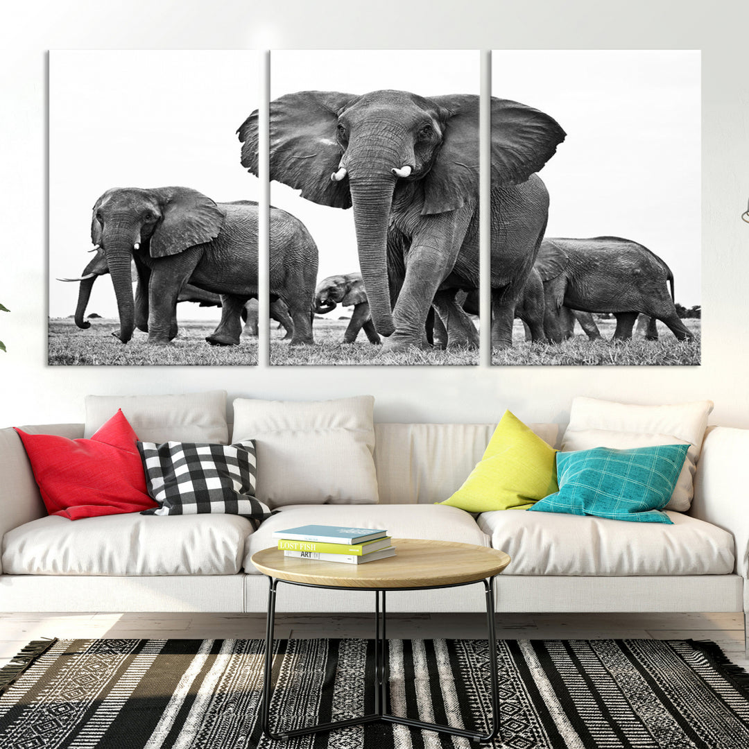 Art mural de la famille des éléphants noirs et blancs Impression sur toile