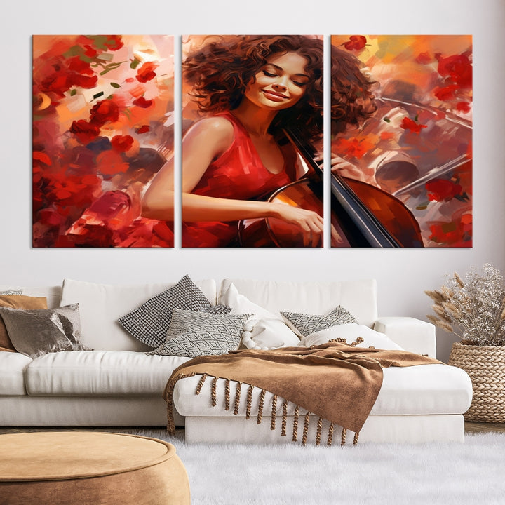 Femme musicienne afro-américaine abstraite jouant du violoncelle