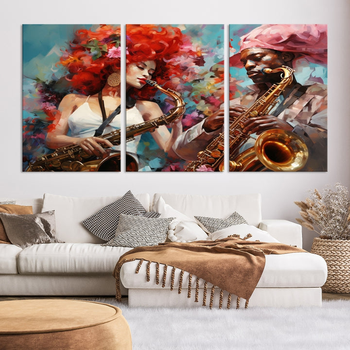 Arte abstracto de pared de músico saxofonista afroamericano para sala de estar, pintura de jazz, obras de arte para paredes, lienzo grande enmarcado, impresión de arte musical