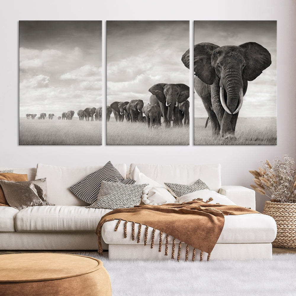 Cuadro en lienzo con manada de elefantes
