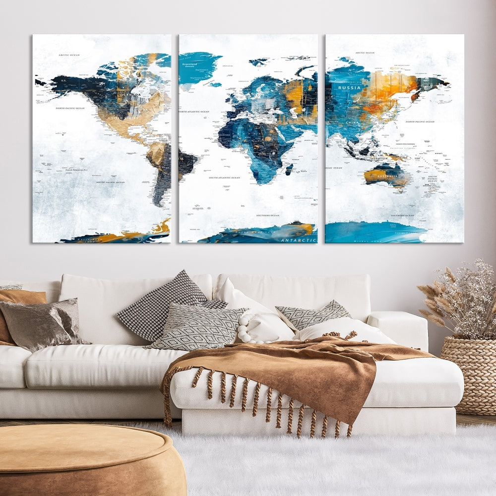 Mapa del mundo lienzo arte de la pared Mapa de acuarela impresión Decoración de la pared de viaje Mapa abstracto Arte de geografía Regalos de viaje Mapa del mundo colorido Arte de lienzo grande
