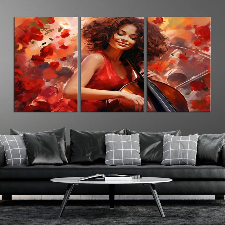 Mujer músico afroamericana abstracta tocando el arte de la pared del violonchelo, pintura de jazz, obras de arte para paredes, arte de pared de lienzo grande enmarcado, impresión de arte musical