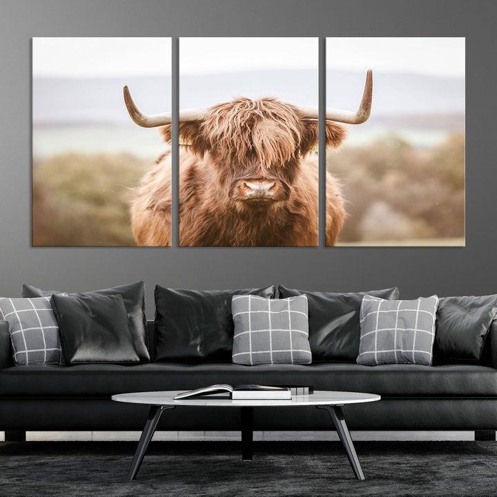 Scottish Highland Cow in Field Art Print Farmhouse Wall Art Canvas Print