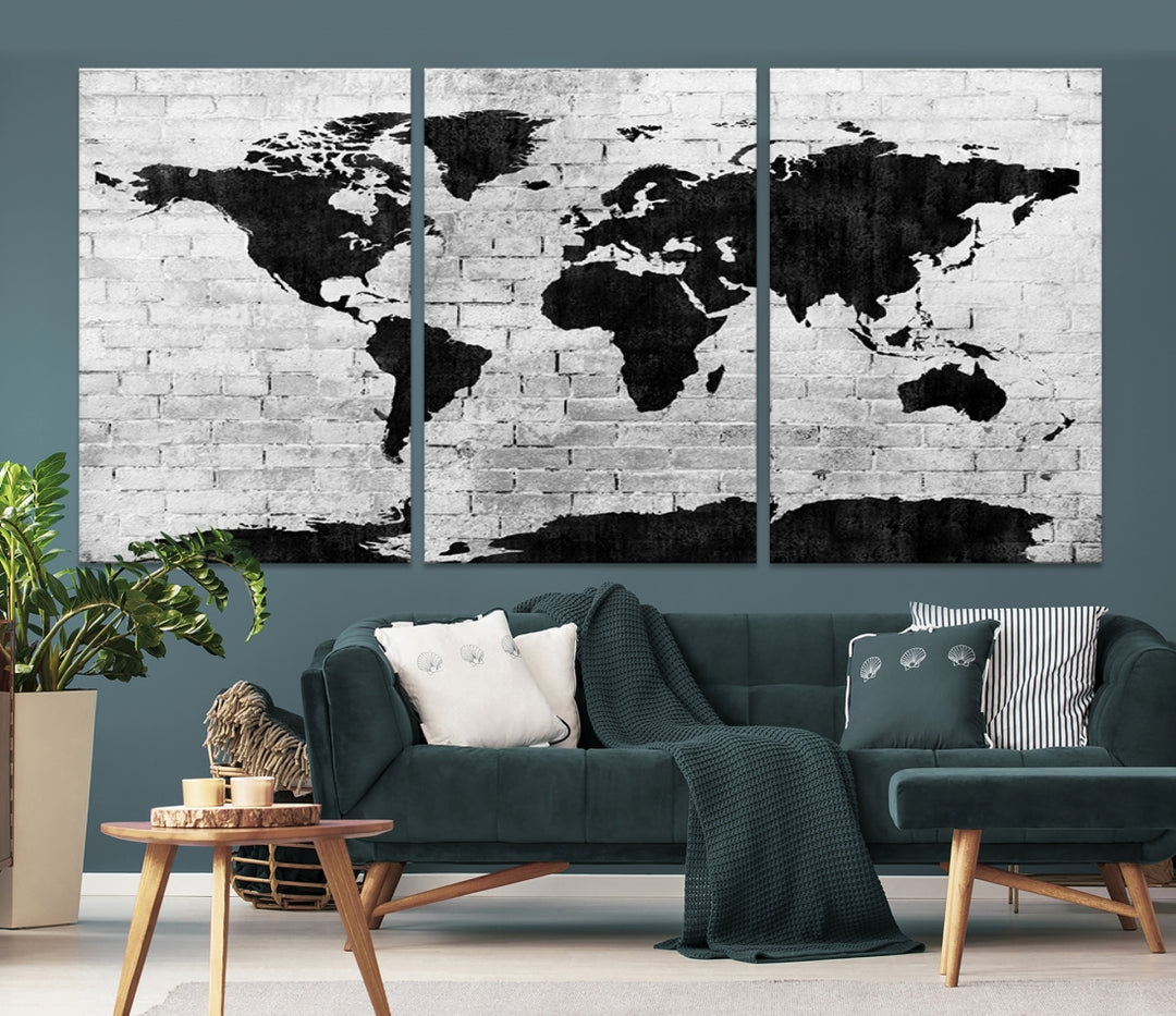 Toile d’art mural de carte du monde ombragé noir et blanc