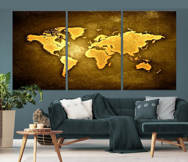 Mapa del mundo amarillo moderno sobre fondo amarillo metálico
