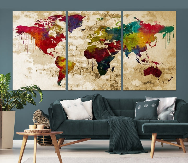 Impresión de lienzo de mapa mundial de arte de pared grande - Mapa mundial de estilo vintage de color arcoíris - Mapa mundial más vendido